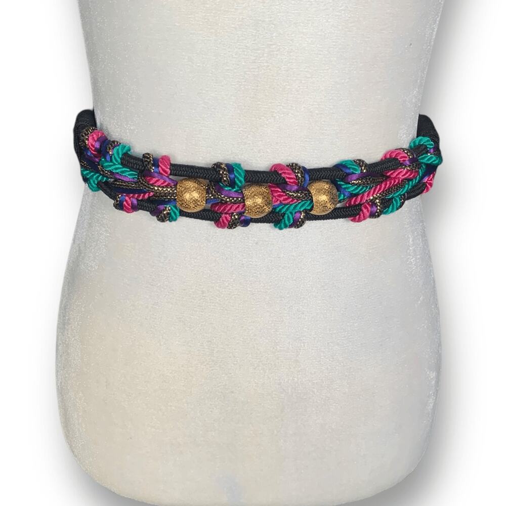 Vintage Bungee Statement Belt Black Fuchsia Multicolor Braided Woven Golden Bead